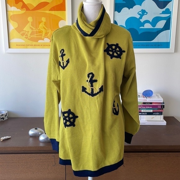 VINTAGE Nautical 🌊 Mustard and Navy Parch Sweater - Picture 1 of 8